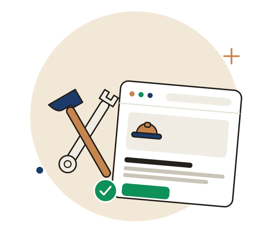Illustration d'un site internet d'artisan en ligne, avec outils du bâtiment et validation